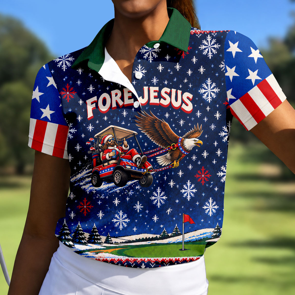 Fore Jesus Eagle Flag Christmas Golf Shirt, Womens Golf Clothing, Womens Golf Apparel