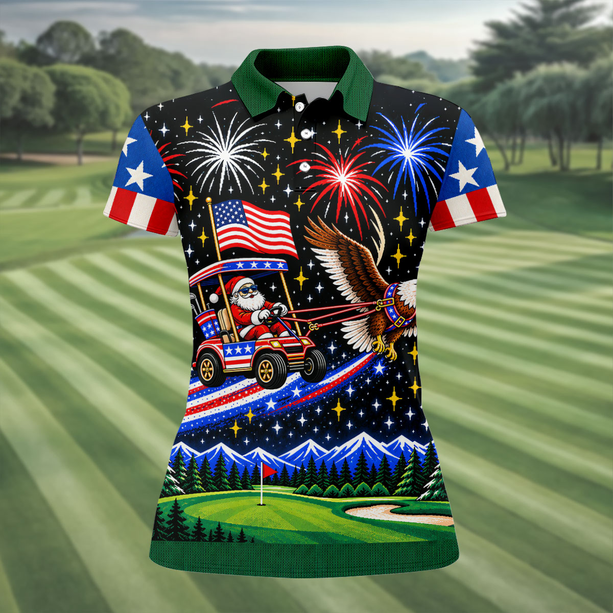 Eagle Santa Golf Cart Christmas Golf Shirt, Ladies Golf Shirts, Golf Shirts For Women