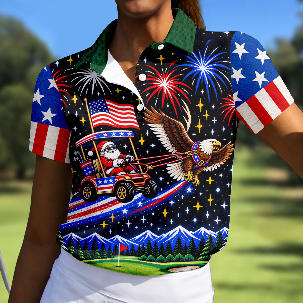 Eagle Santa Golf Cart Christmas Golf Shirt, Ladies Golf Shirts, Golf Shirts For Women