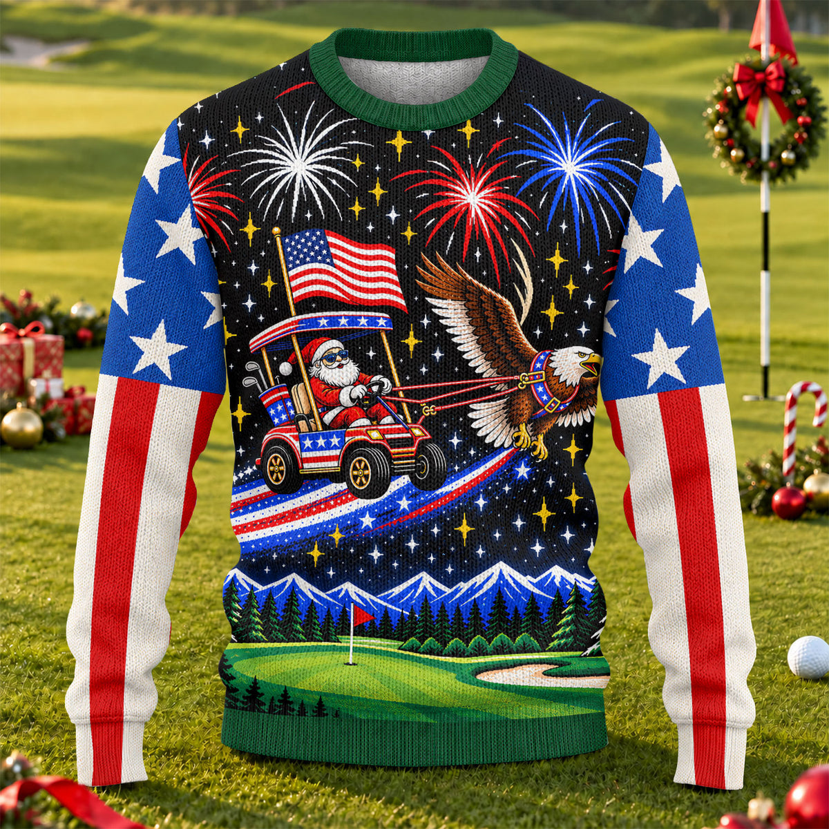 Eagle Santa Golf Cart Ugly Christmas Sweater, Funny Christmas Outfit, Funny Xmas Gift