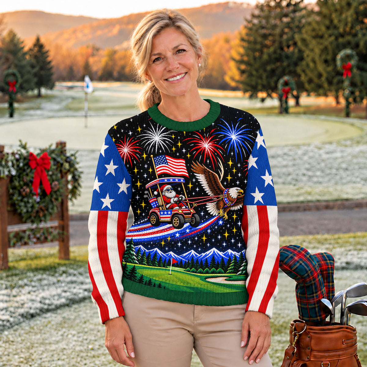 Eagle Santa Golf Cart Ugly Christmas Sweater, Funny Christmas Outfit, Funny Xmas Gift