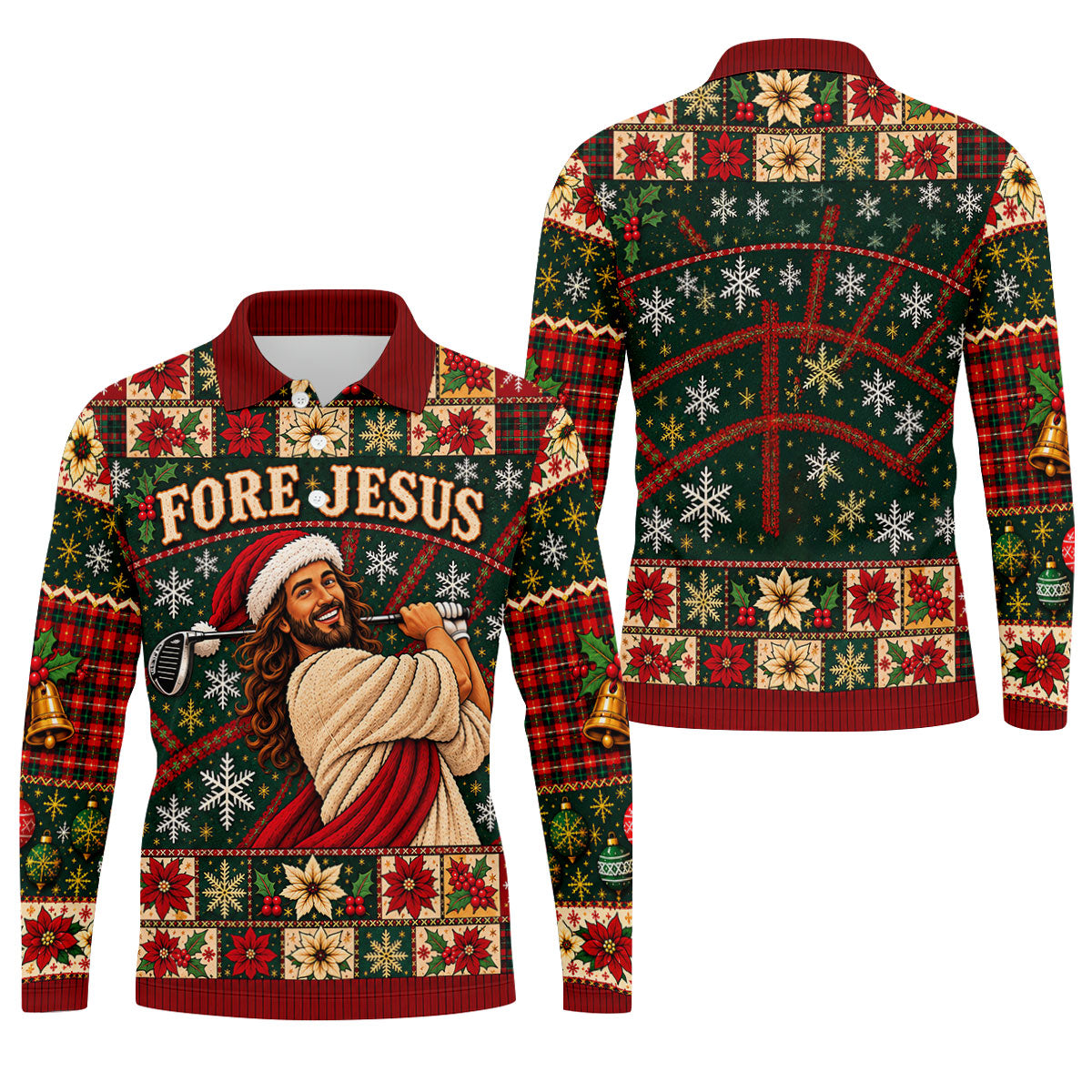 Fore Jesus Santa Hat Christmas Golf Shirt, Mens Golf Shirts, Mens Holiday Golf Shirts
