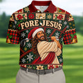 Fore Jesus Santa Hat Christmas Golf Shirt, Mens Golf Shirts, Mens Holiday Golf Shirts