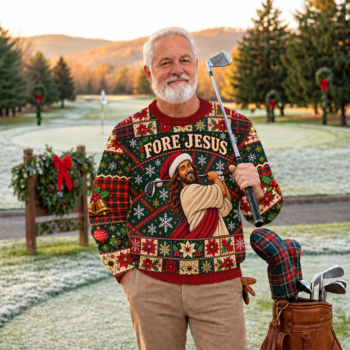 Fore Jesus Santa Hat Ugly Christmas Sweater, Christmas Sweater Gift, Golf Lover Gifts