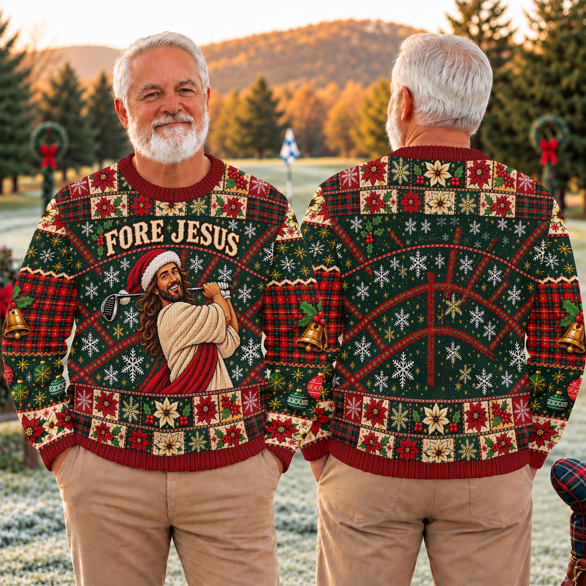 Fore Jesus Santa Hat Ugly Christmas Sweater, Christmas Sweater Gift, Golf Lover Gifts
