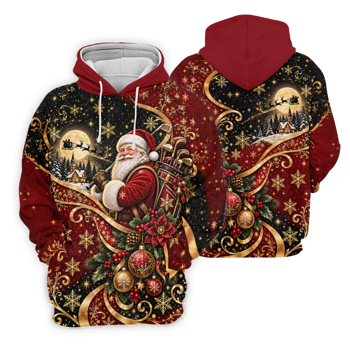 Golden Swirl Santa Golfer Christmas Golf Shirt, Mens Golf Polo, Golf Shirts For Men