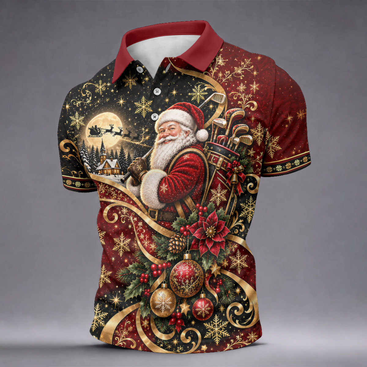 Golden Swirl Santa Golfer Christmas Golf Shirt, Mens Golf Polo, Golf Shirts For Men