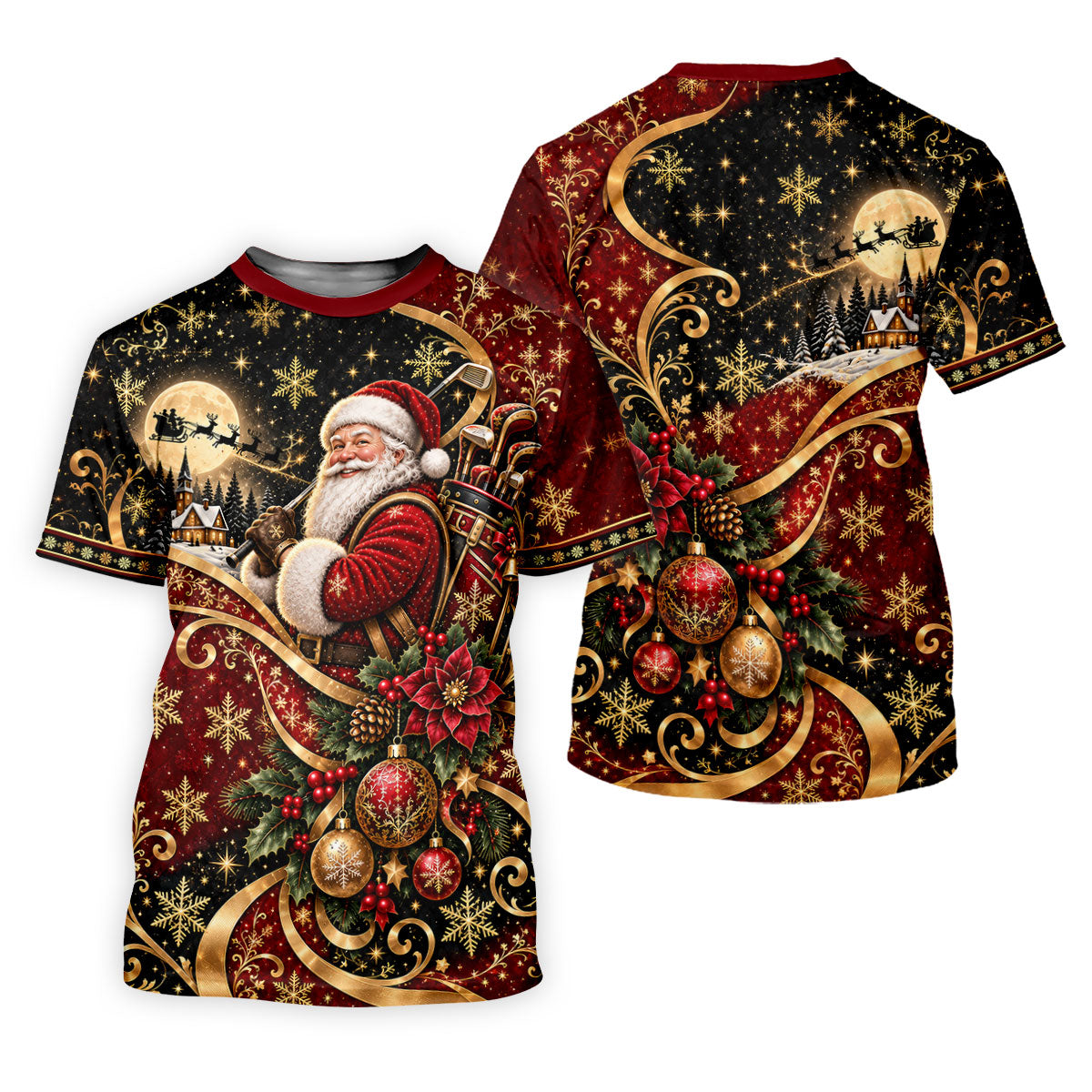 Golden Swirl Santa Golfer Christmas Golf Shirt, Mens Golf Polo, Golf Shirts For Men