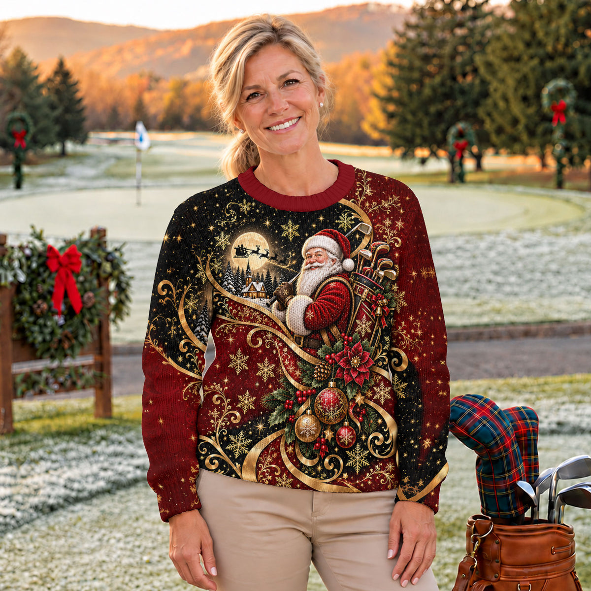 Golden Swirl Santa Golfer Ugly Christmas Sweater, Christmas Gifts, Ugly Sweater Party