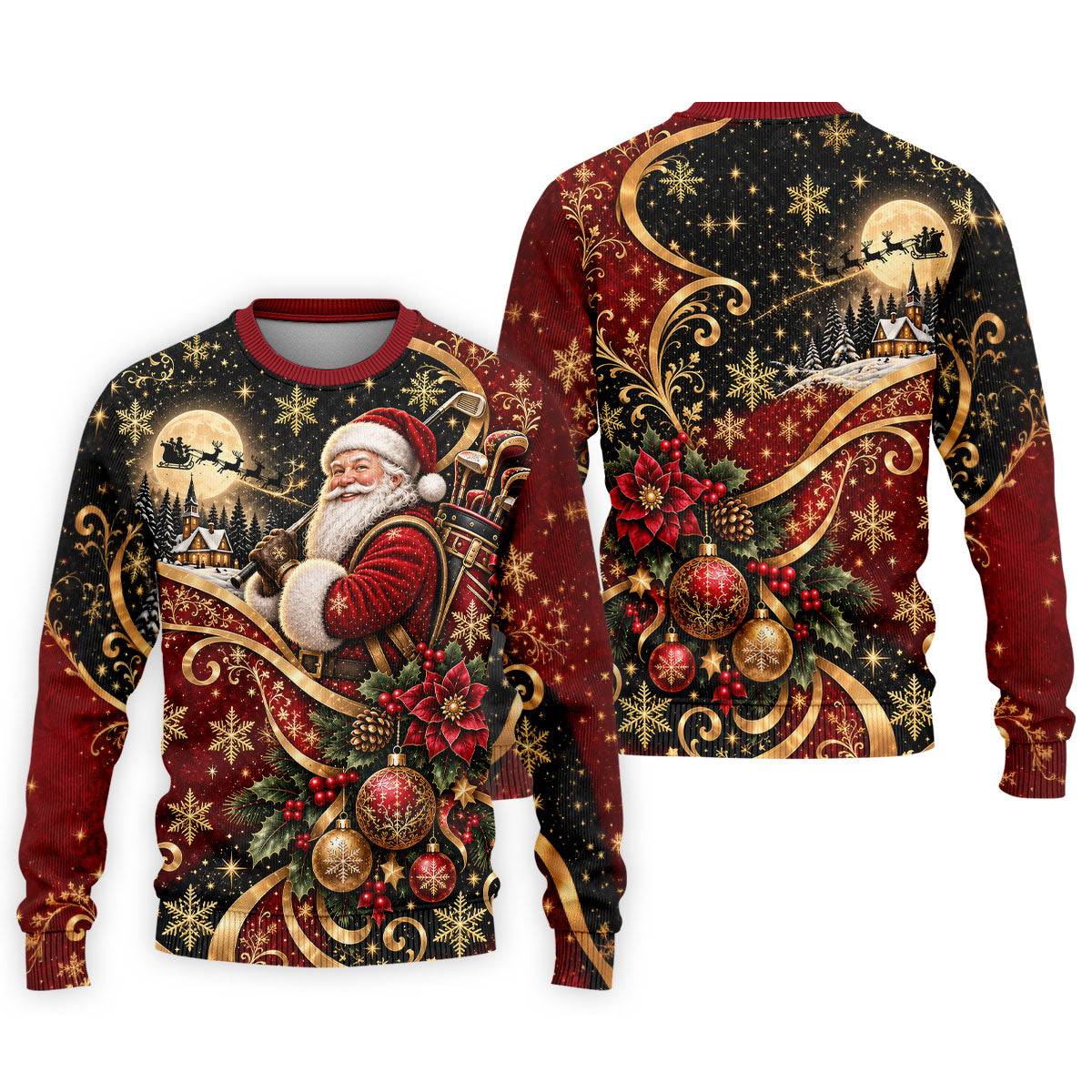 Golden Swirl Santa Golfer Christmas Golf Shirt, Mens Golf Polo, Golf Shirts For Men