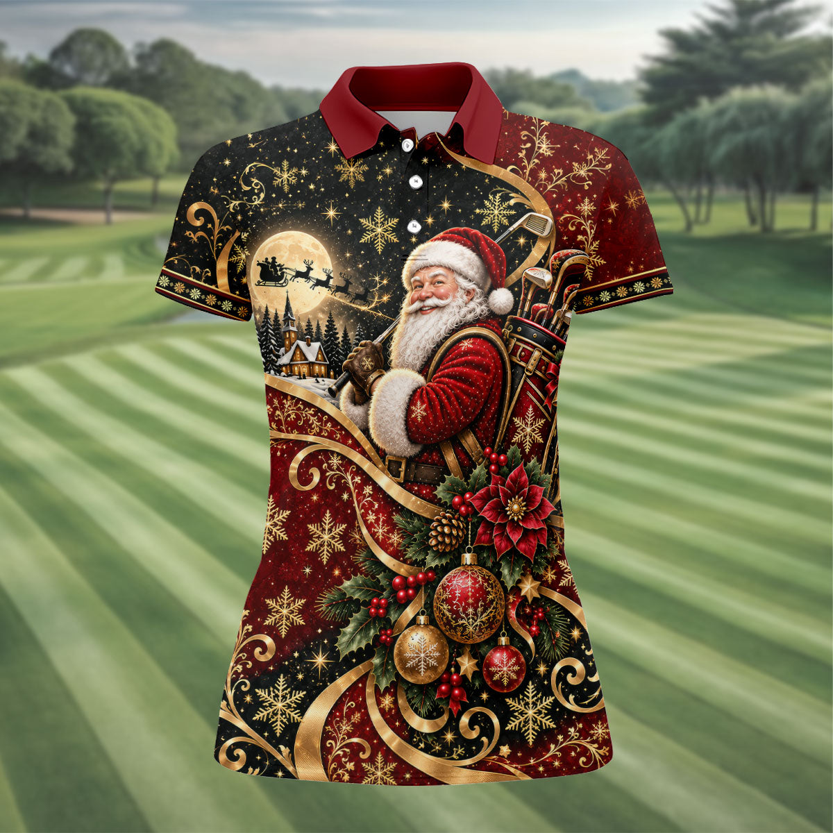 Golden Swirl Santa Golfer Christmas Golf Shirt, Womens Golf Tops, Ladies Golf Shirts