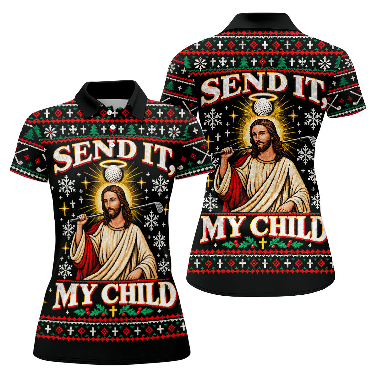 Send It Golf Halo Jesus Christmas Golf Shirt, Ladies Golf Tops, Womens Golf Clothing