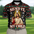 Send It Golf Halo Jesus Christmas Golf Shirt, Mens Golf Apparel, Golf Gifts For Men
