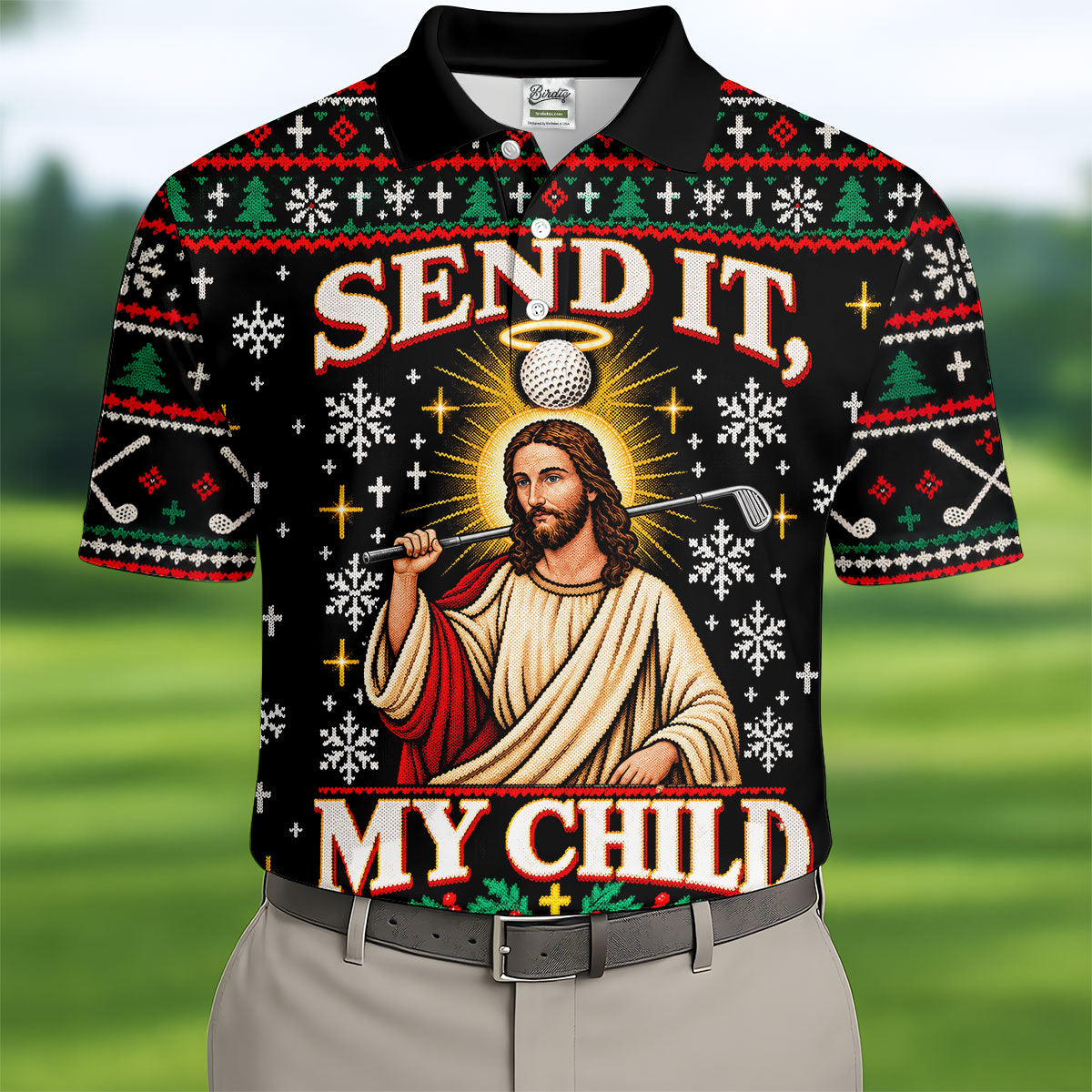 Send It Golf Halo Jesus Christmas Golf Shirt, Mens Golf Apparel, Golf Gifts For Men
