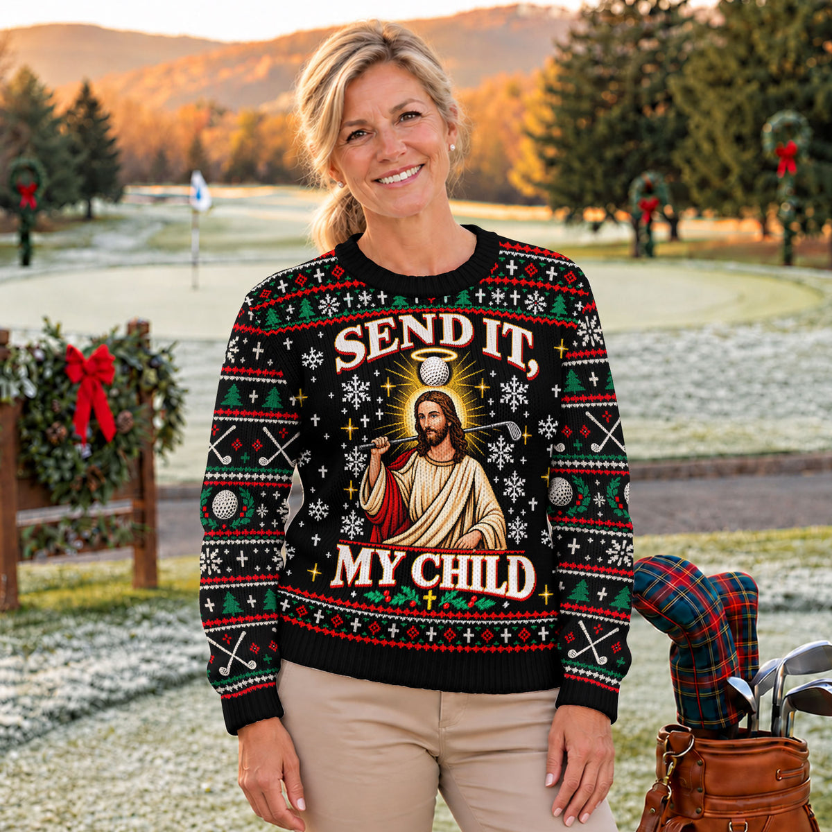 Send It Golf Halo Jesus Ugly Christmas Sweater, Ugly Sweater Party, Golf Lover Gifts