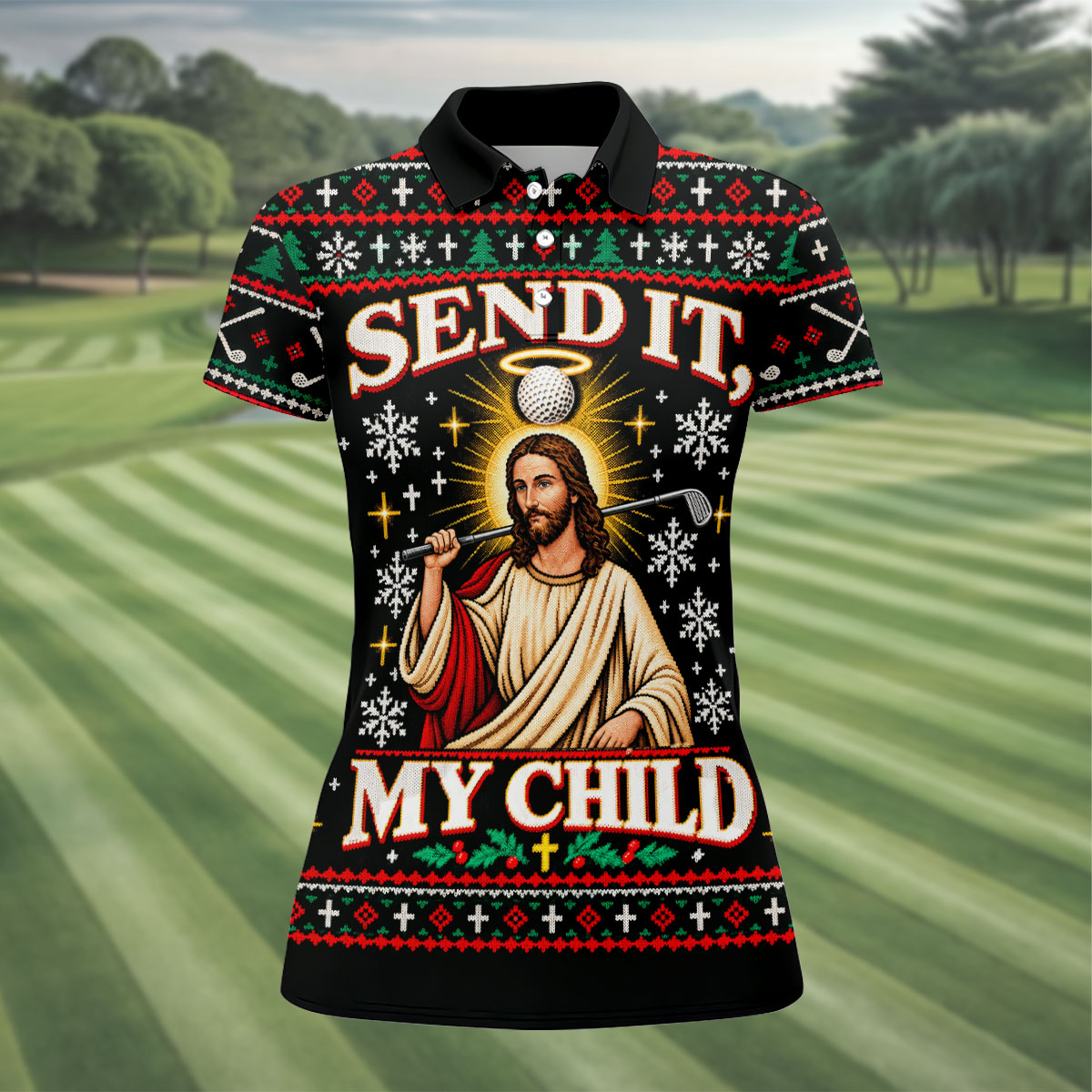 Send It Golf Halo Jesus Christmas Golf Shirt, Ladies Golf Tops, Womens Golf Clothing