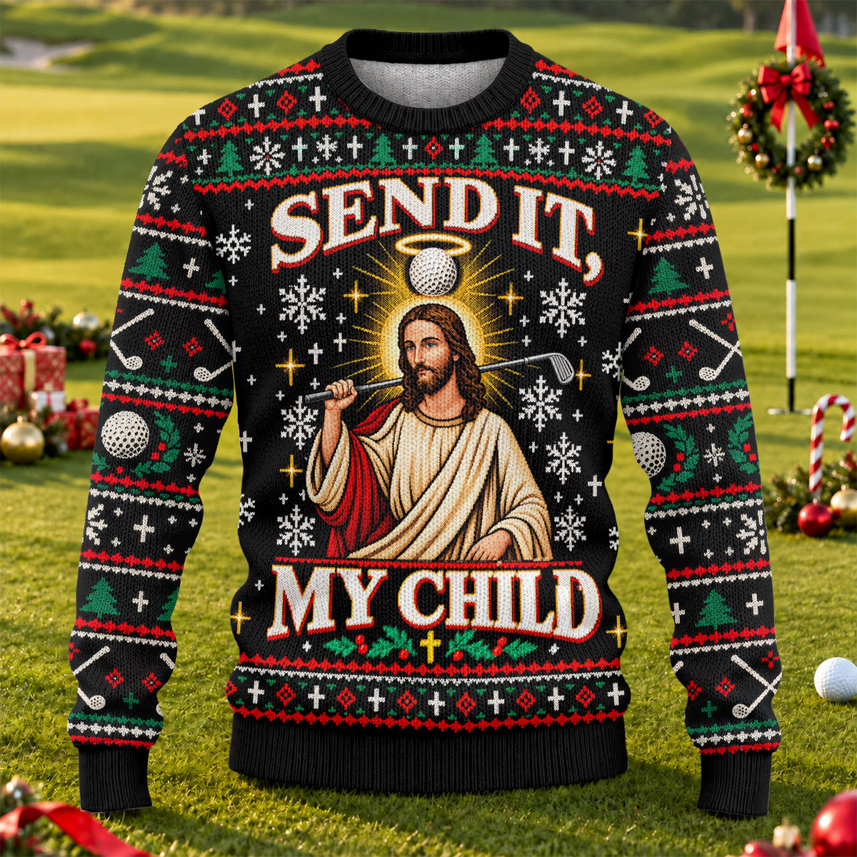 Send It Golf Halo Jesus Ugly Christmas Sweater, Ugly Sweater Party, Golf Lover Gifts