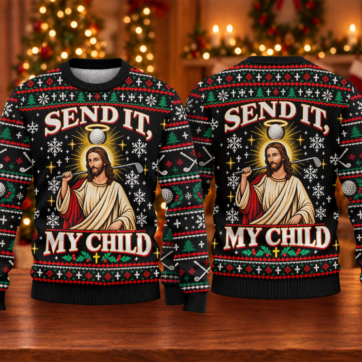 Send It Golf Halo Jesus Ugly Christmas Sweater, Ugly Sweater Party, Golf Lover Gifts