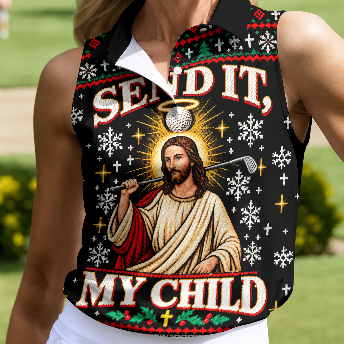 Send It Golf Halo Jesus Christmas Golf Shirt, Ladies Golf Tops, Womens Golf Clothing