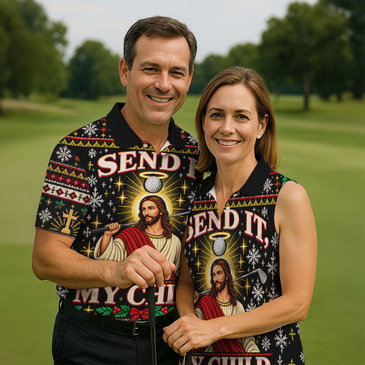 Send It My Child Jesus Christmas Golf Shirt, Mens Golf Polo, Mens Holiday Golf Shirts