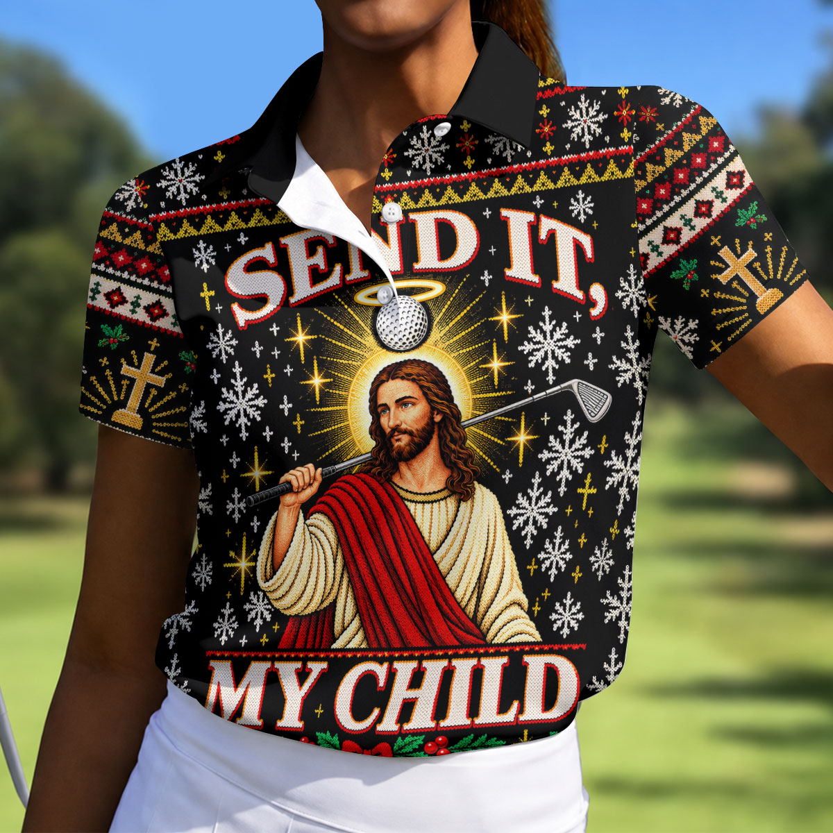 Send It My Child Jesus Christmas Golf Shirt, Ladies Golf Apparel, Womens Golf Apparel