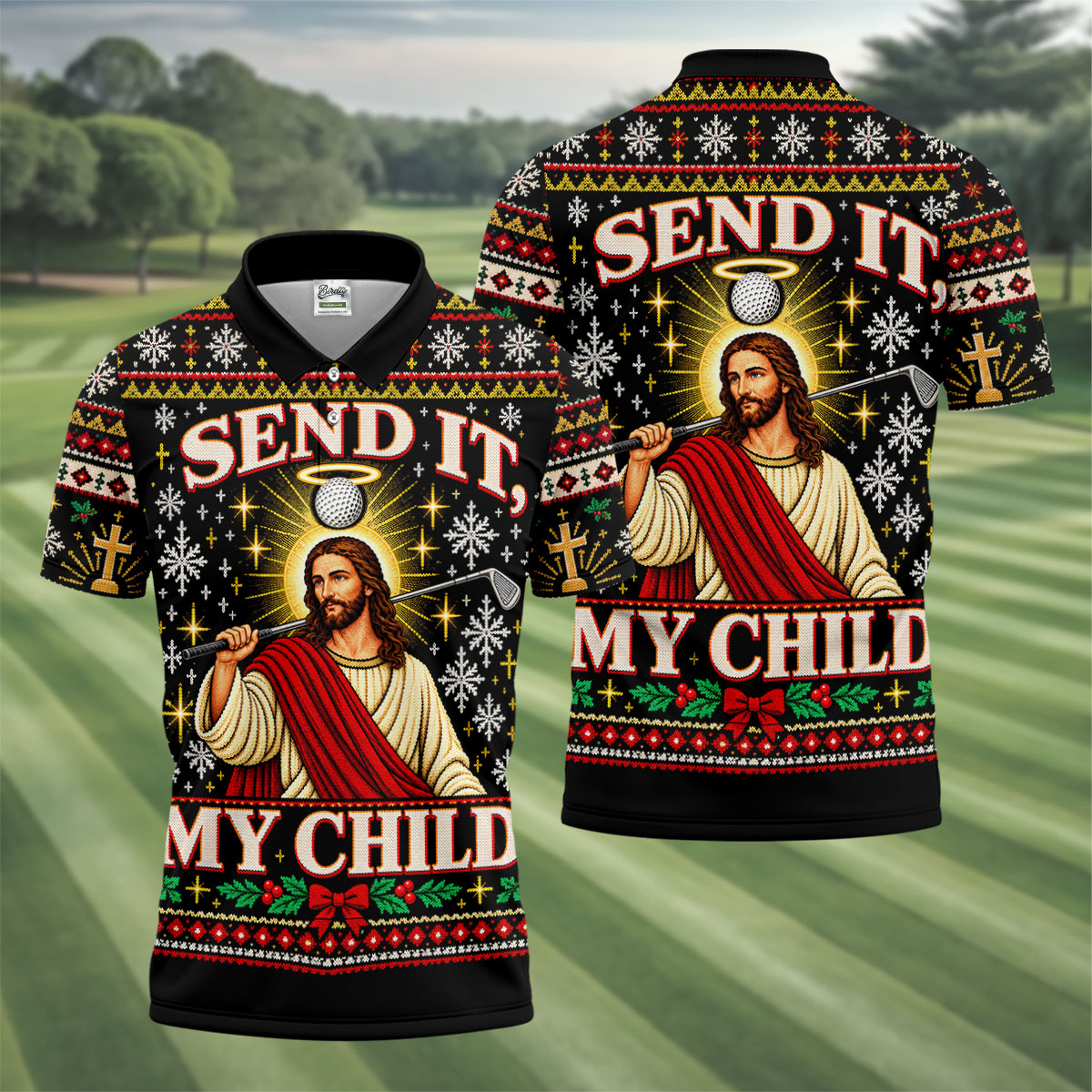 Send It My Child Jesus Christmas Golf Shirt, Mens Golf Polo, Mens Holiday Golf Shirts