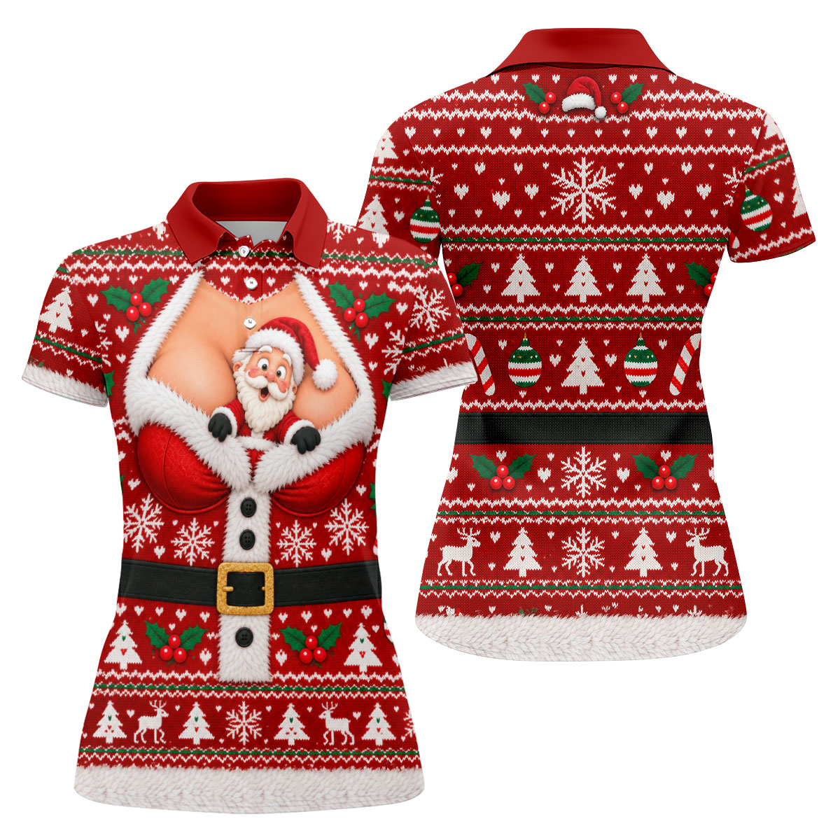 Santa Peeking Busty Knit Christmas Golf Shirt, Ladies Golf Tops, Golf Gifts For Women