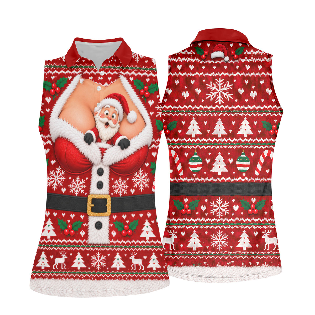 Santa Peeking Busty Knit Christmas Golf Shirt, Ladies Golf Tops, Golf Gifts For Women