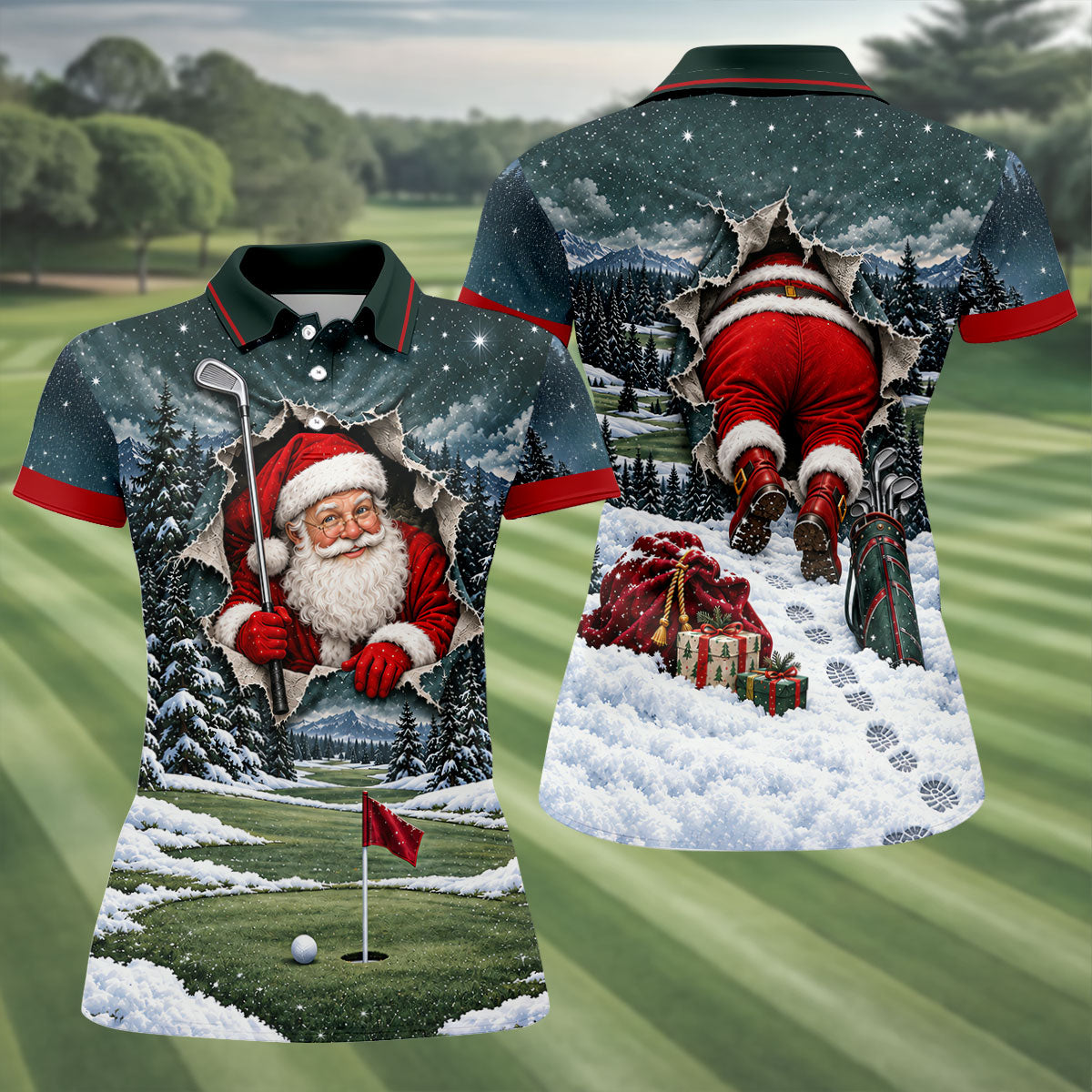 Santa Peeking Golf Green Christmas Golf Shirt, Golf Gifts For Women, Womens Golf Tops