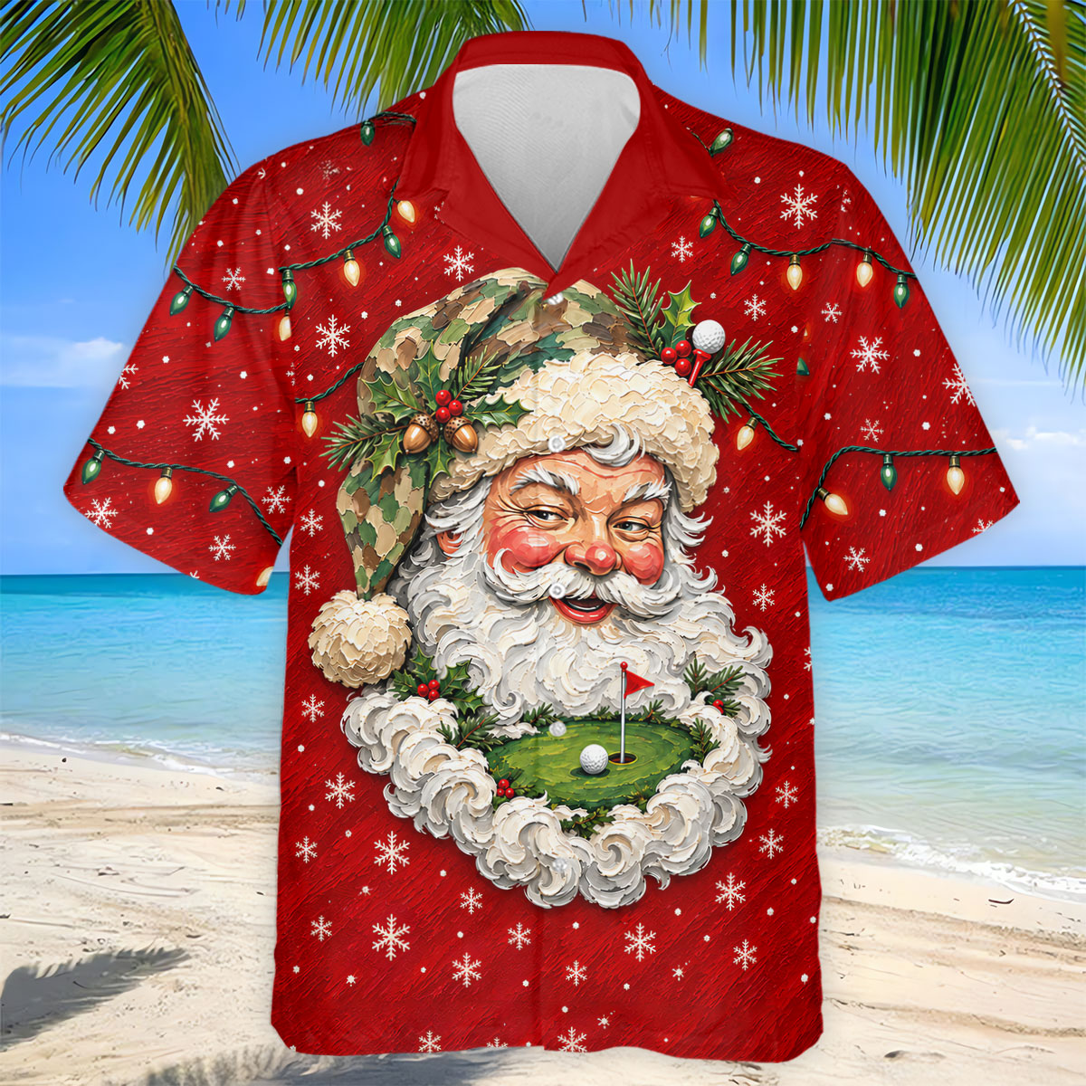 Camo Hat Santa Face Christmas Golf Shirt, Mens Holiday Golf Shirts, Mens Golf Apparel