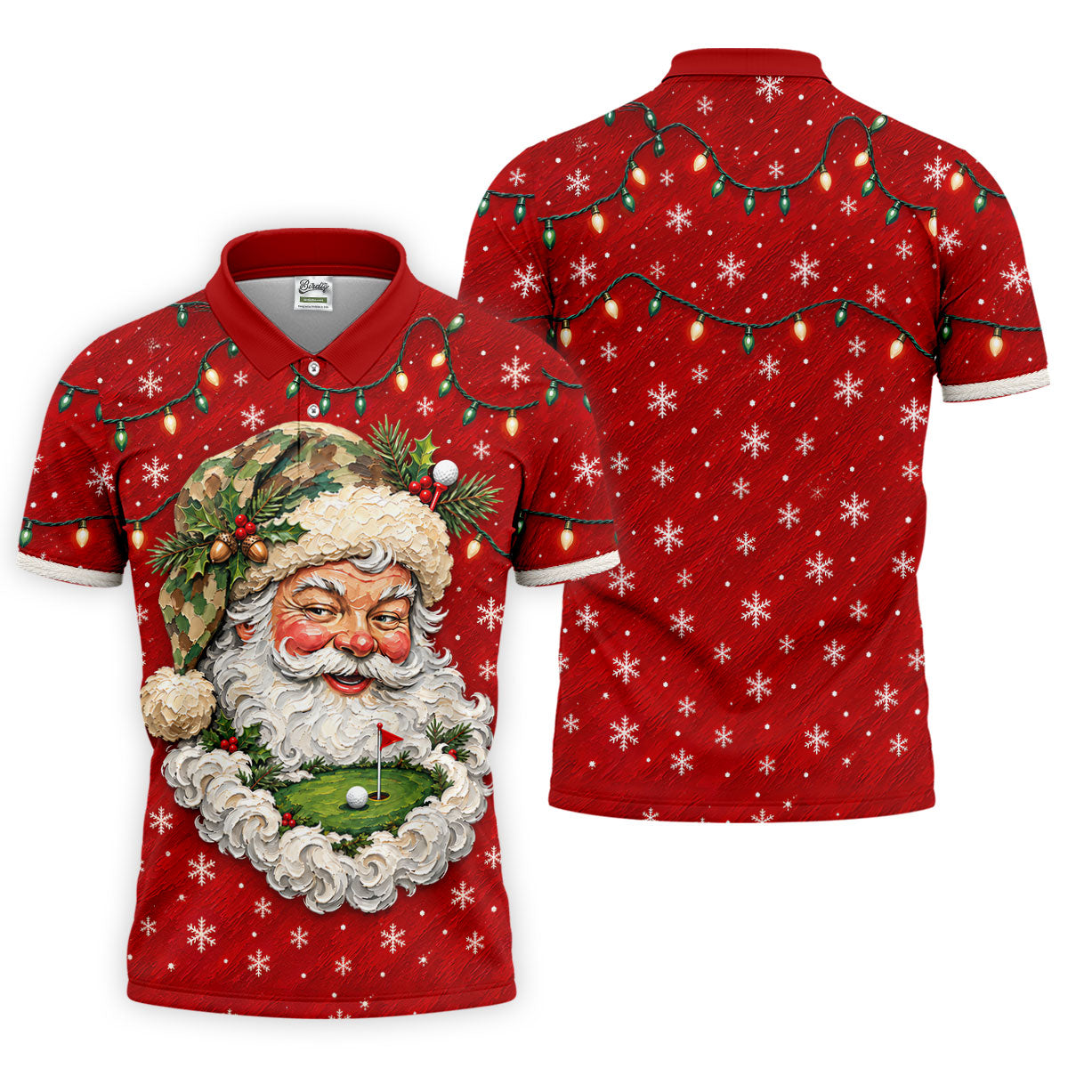 Camo Hat Santa Face Christmas Golf Shirt, Mens Holiday Golf Shirts, Mens Golf Apparel