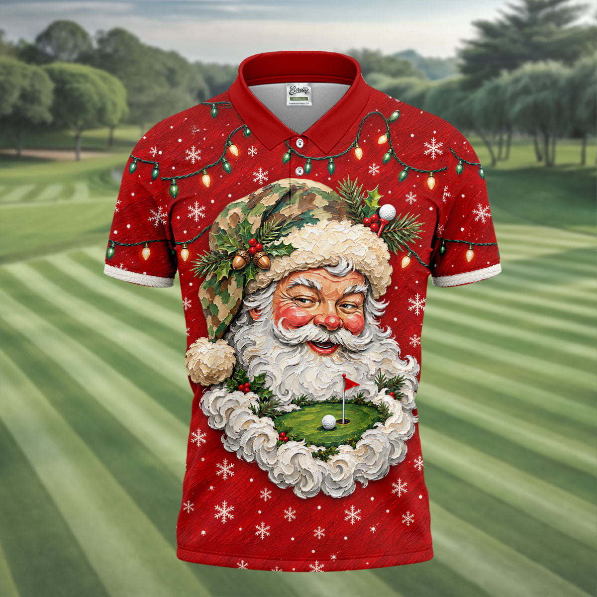 Camo Hat Santa Face Christmas Golf Shirt, Mens Holiday Golf Shirts, Mens Golf Apparel