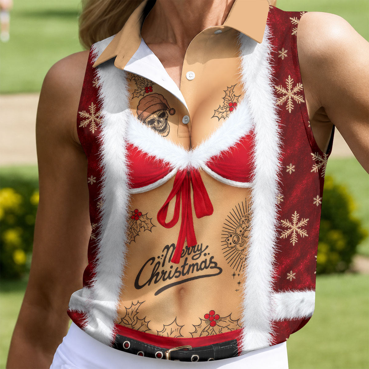Merry Bikini Tattoo Santa Christmas Golf Shirt, Womens Golf Apparel, Ladies Golf Tops