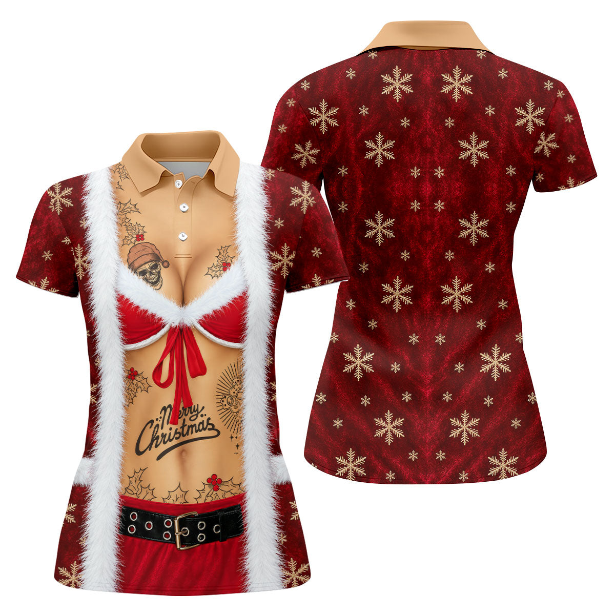 Merry Bikini Tattoo Santa Christmas Golf Shirt, Womens Golf Apparel, Ladies Golf Tops