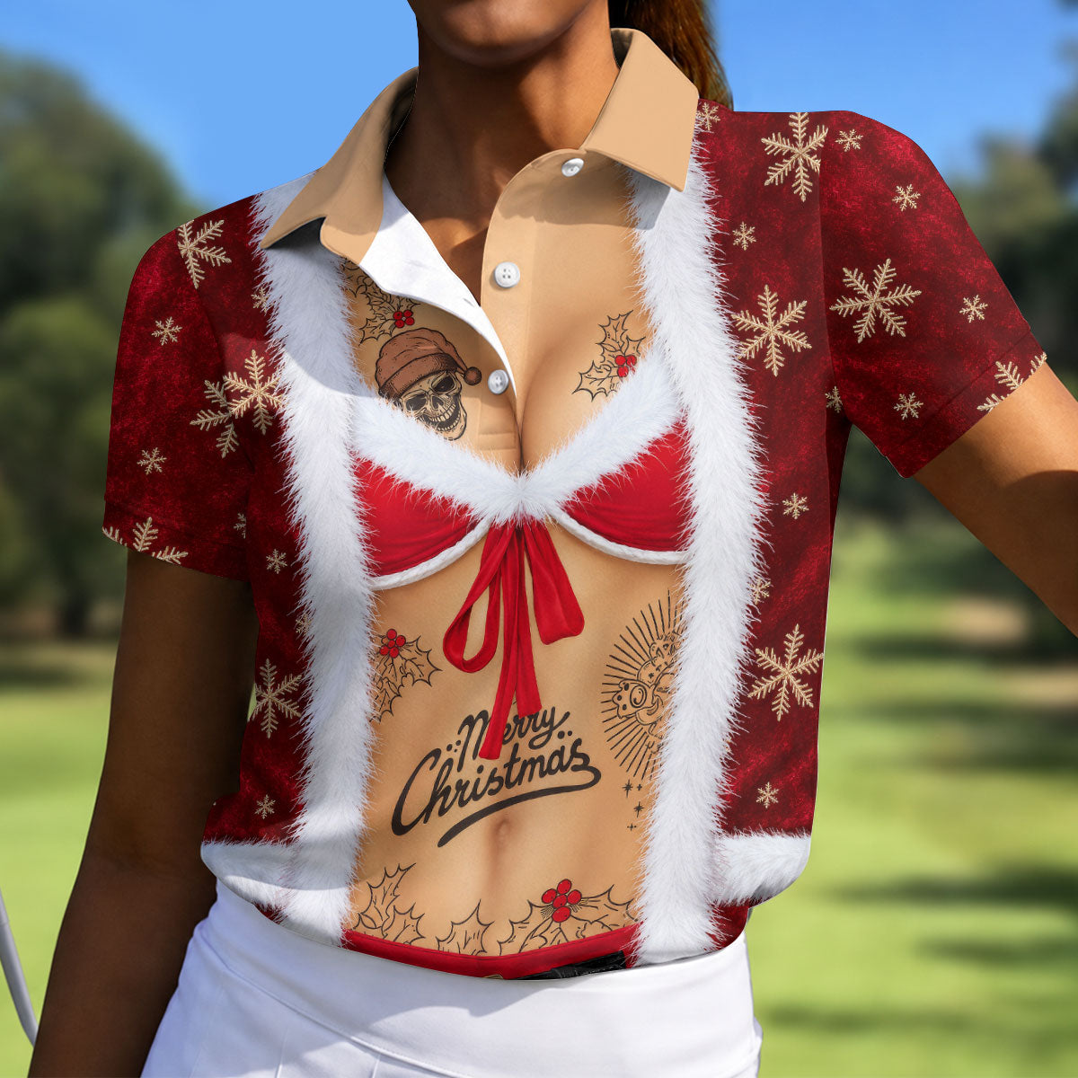 Merry Bikini Tattoo Santa Christmas Golf Shirt, Womens Golf Apparel, Ladies Golf Tops