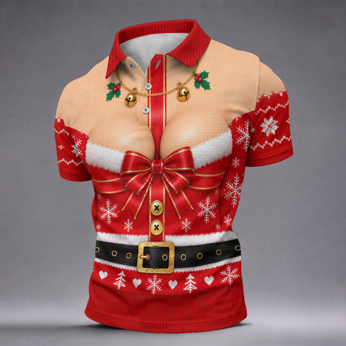 Busty Mrs Claus Red Bow Christmas Golf Shirt, Mens Golf Apparel, Golf Gifts For Men