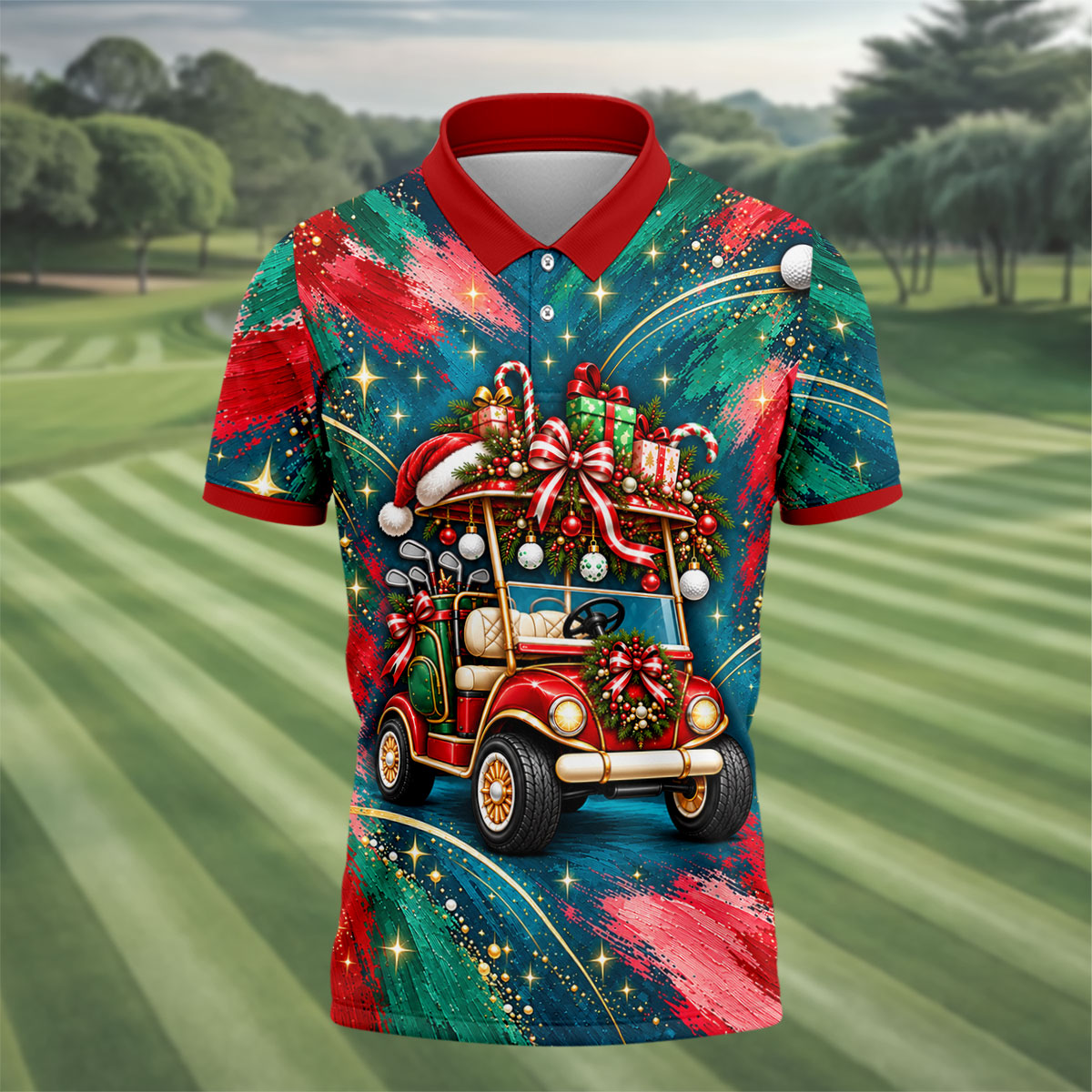 Santa Gift Golf Cart Christmas Golf Shirt, Mens Holiday Golf Shirts, Mens Golf Shirts