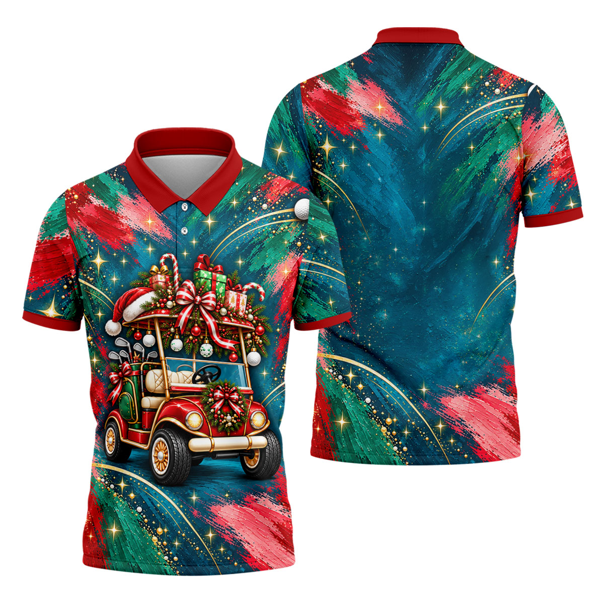 Santa Gift Golf Cart Christmas Golf Shirt, Mens Holiday Golf Shirts, Mens Golf Shirts