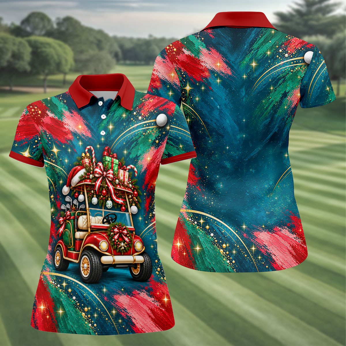 Santa Gift Golf Cart Christmas Golf Shirt, Golf Shirts For Women, Womens Golf Apparel