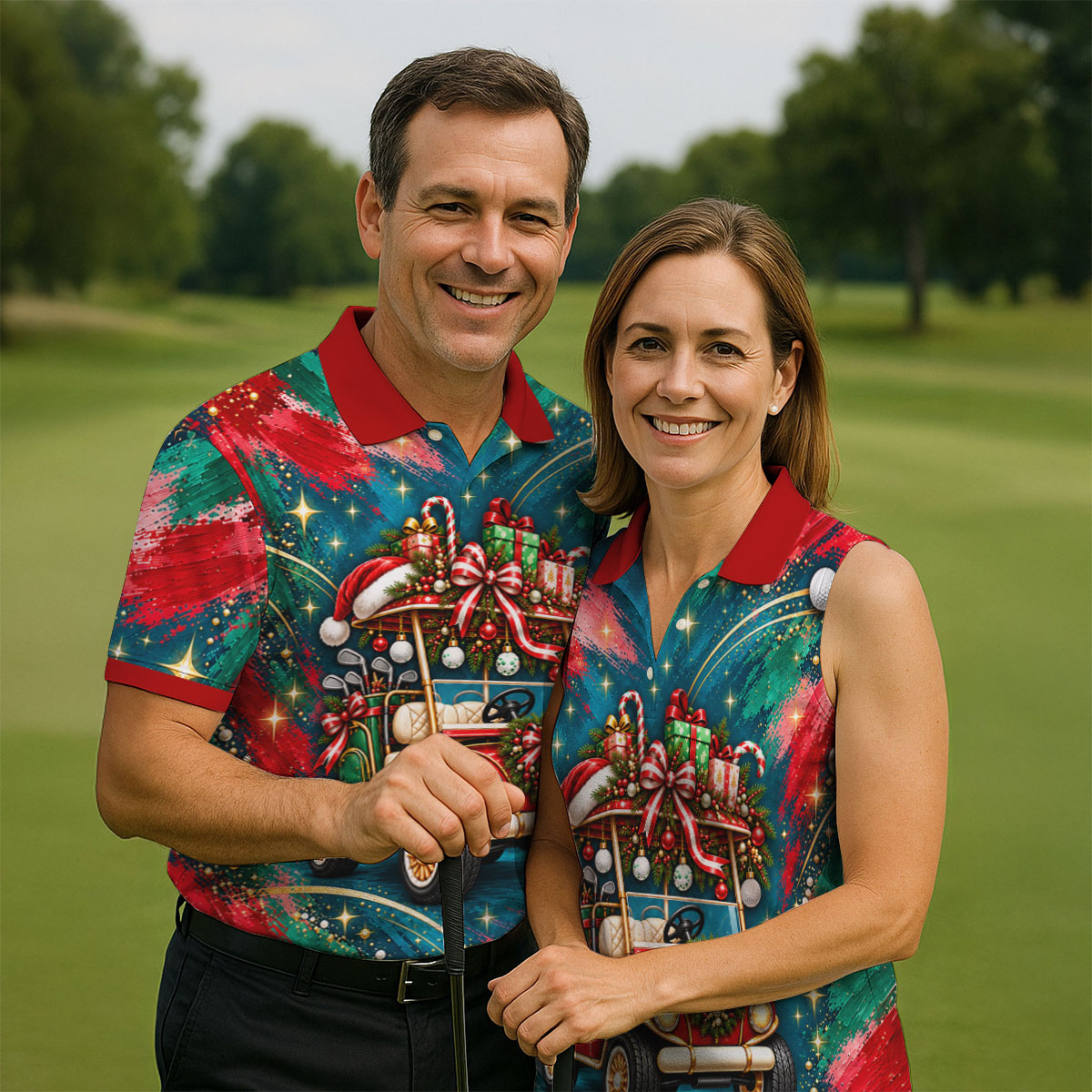 Santa Gift Golf Cart Christmas Golf Shirt, Mens Holiday Golf Shirts, Mens Golf Shirts