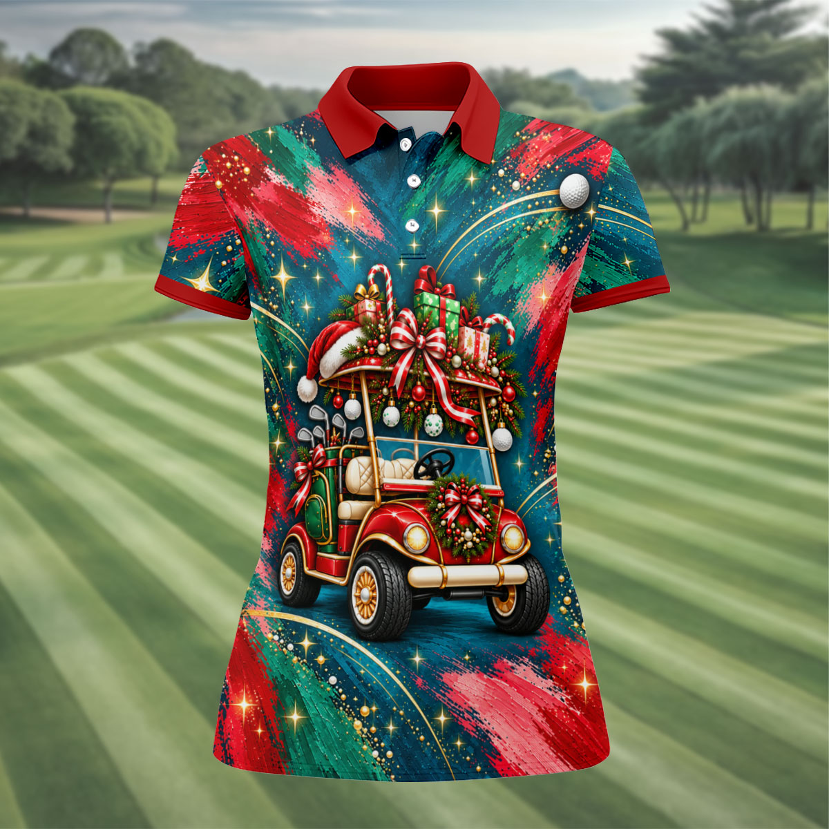Santa Gift Golf Cart Christmas Golf Shirt, Golf Shirts For Women, Womens Golf Apparel