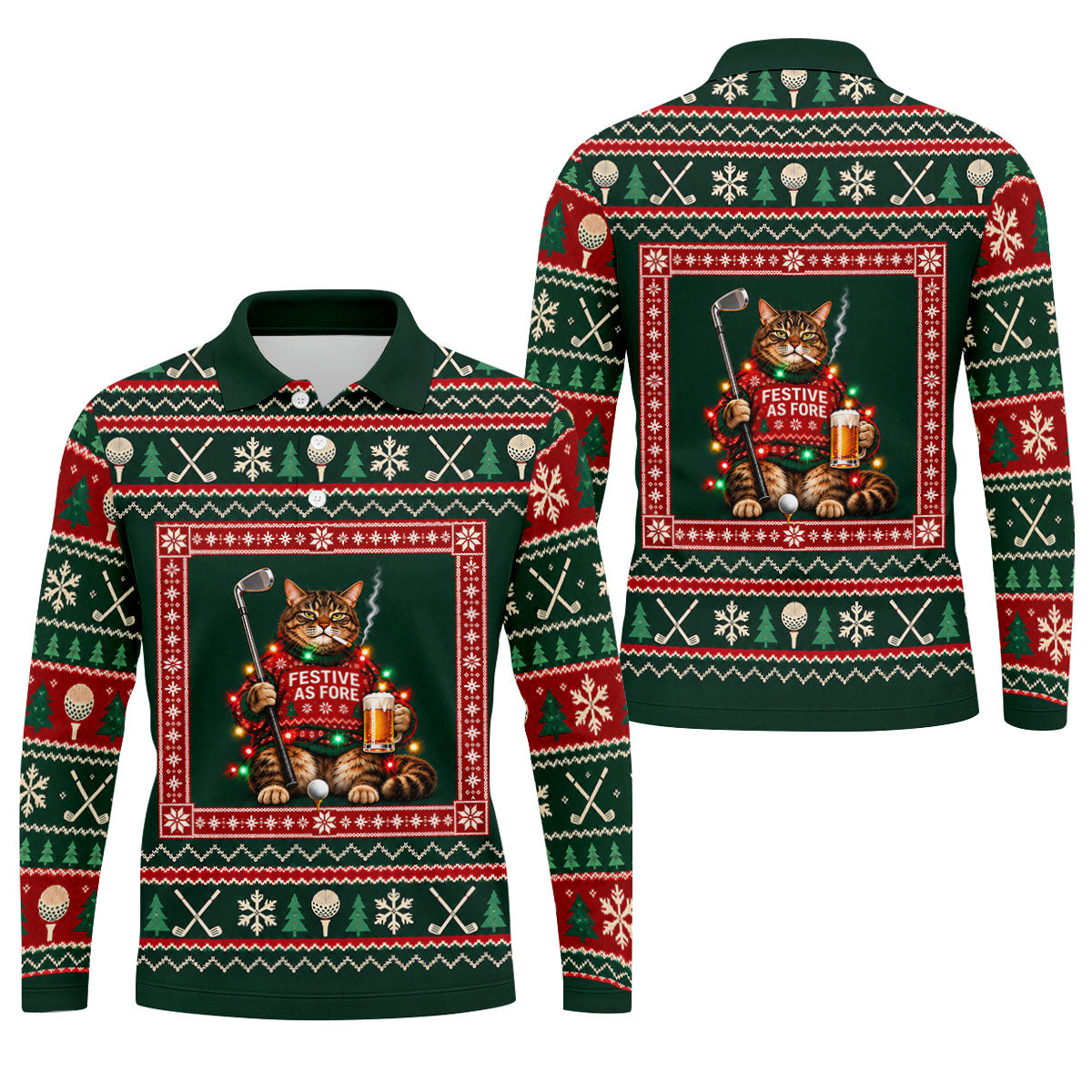 Festive As Fore Cat Beer Christmas Golf Shirt, Golf Gifts For Men, Mens Golf Clothing
