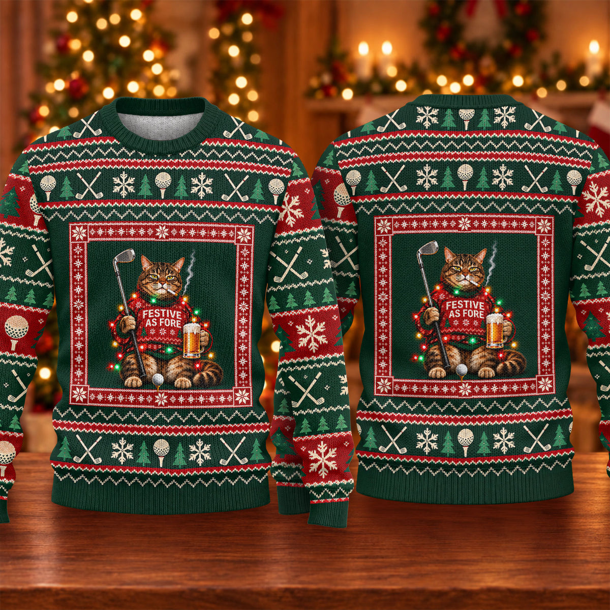 Festive As Fore Cat Beer Ugly Christmas Sweater, Funny Xmas Gift, Christmas Golf Gift