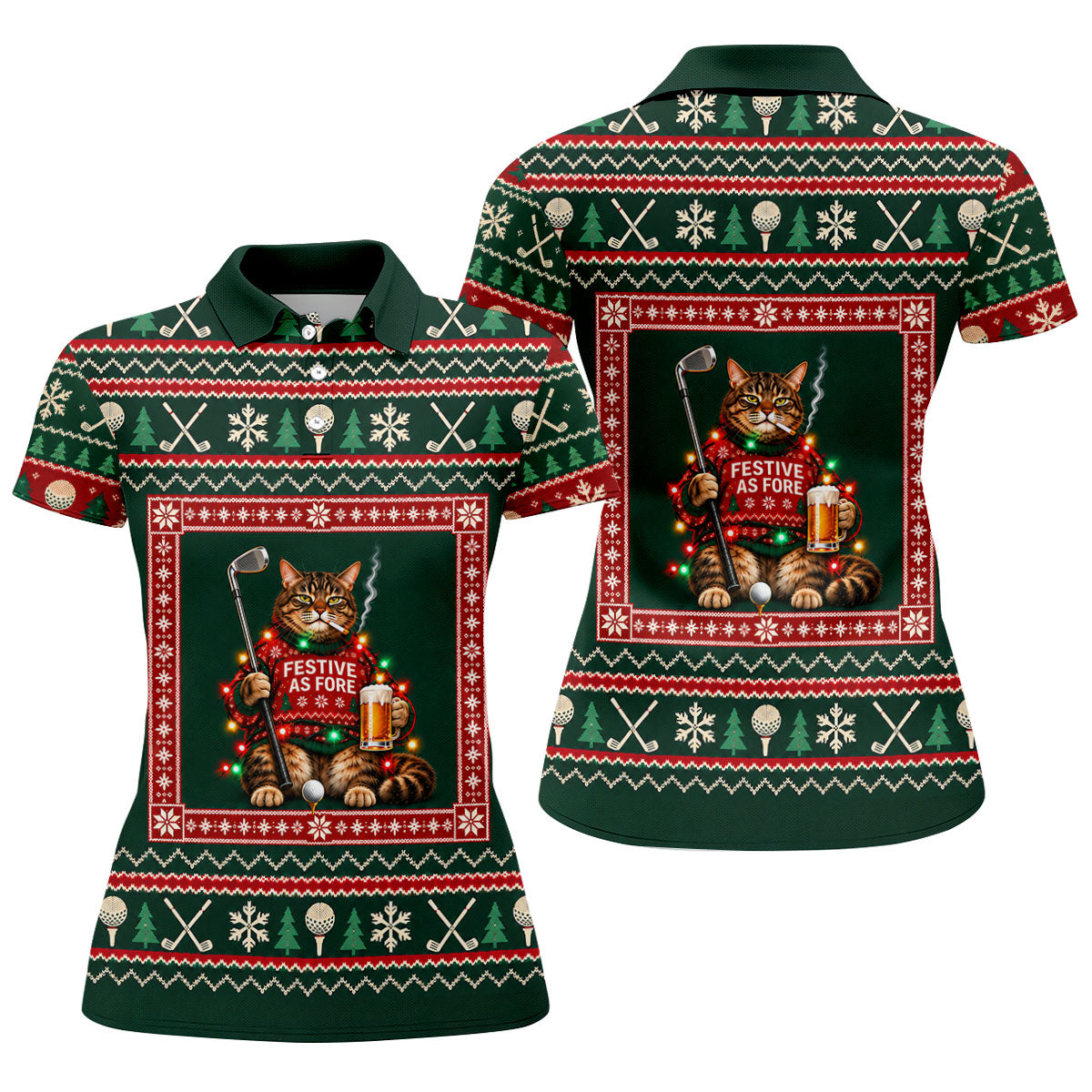 Festive As Fore Cat Beer Christmas Golf Shirt, Ladies Golf Shirts, Womens Golf Shirts