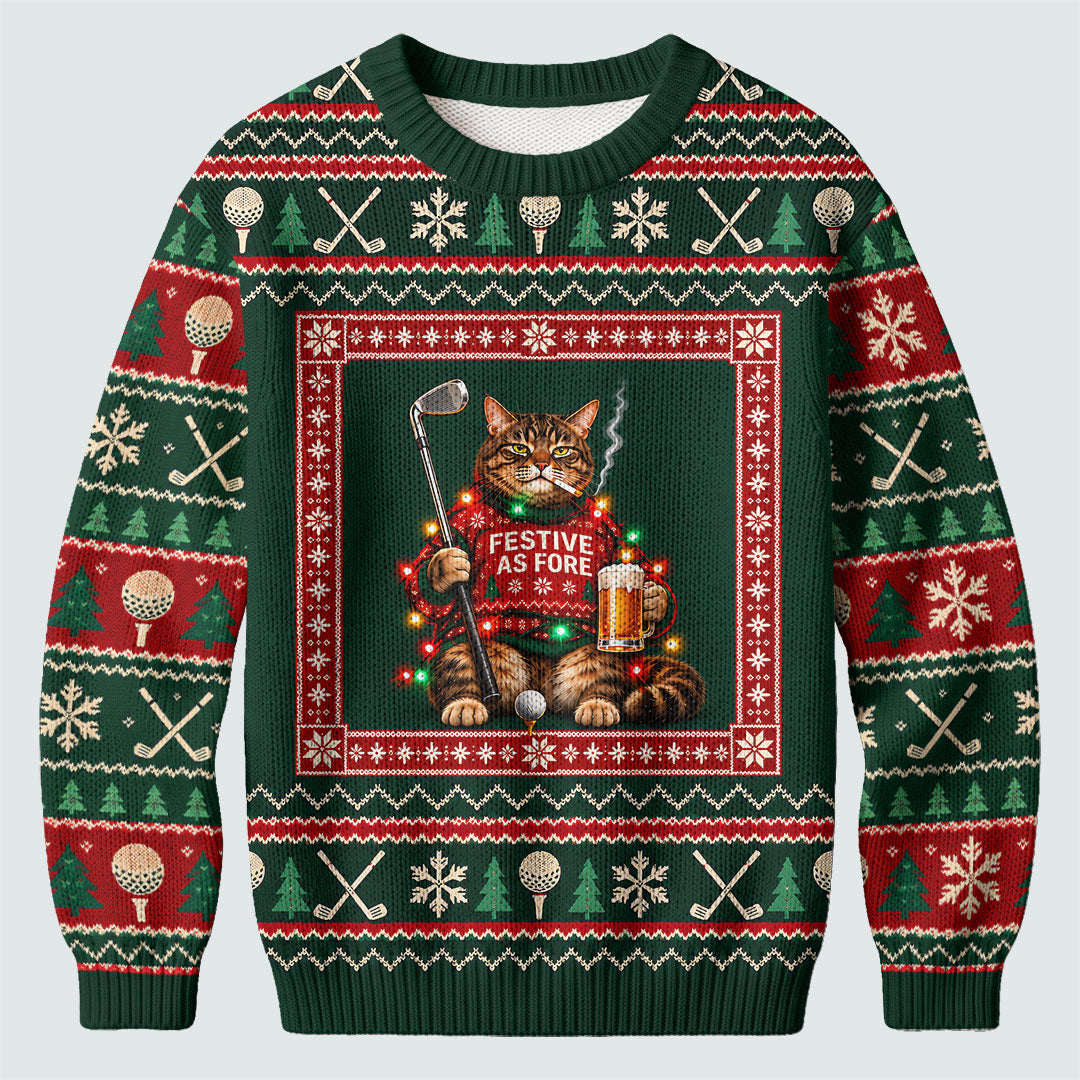 Festive As Fore Cat Beer Ugly Christmas Sweater, Funny Xmas Gift, Christmas Golf Gift