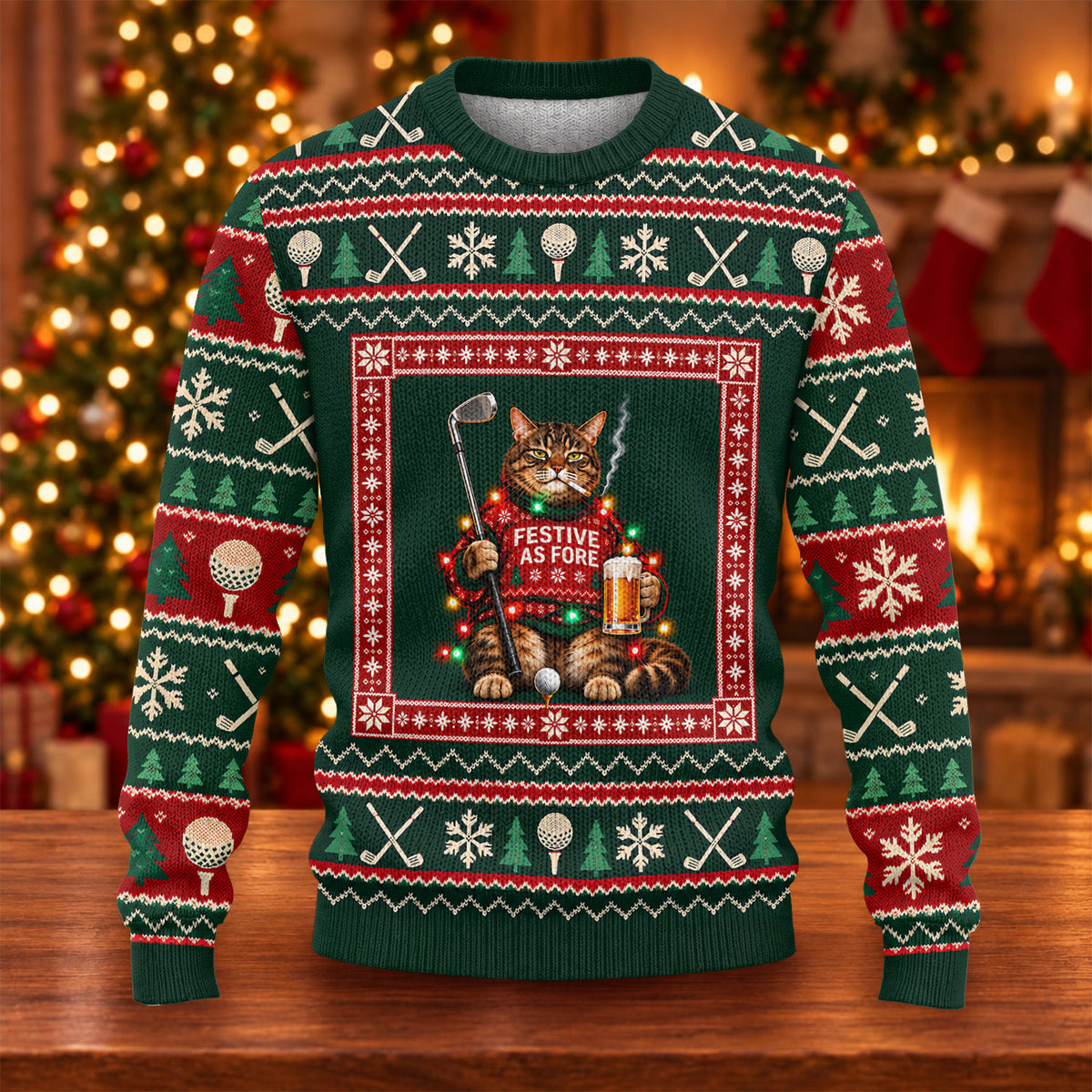 Festive As Fore Cat Beer Ugly Christmas Sweater, Funny Xmas Gift, Christmas Golf Gift