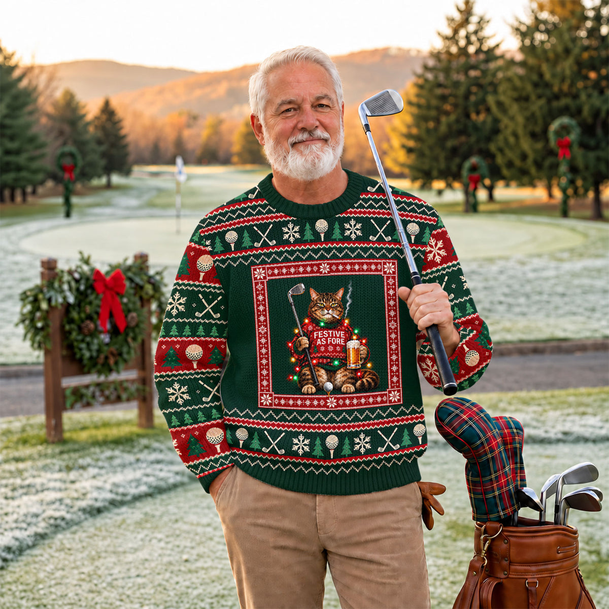 Festive As Fore Cat Beer Ugly Christmas Sweater, Funny Xmas Gift, Christmas Golf Gift