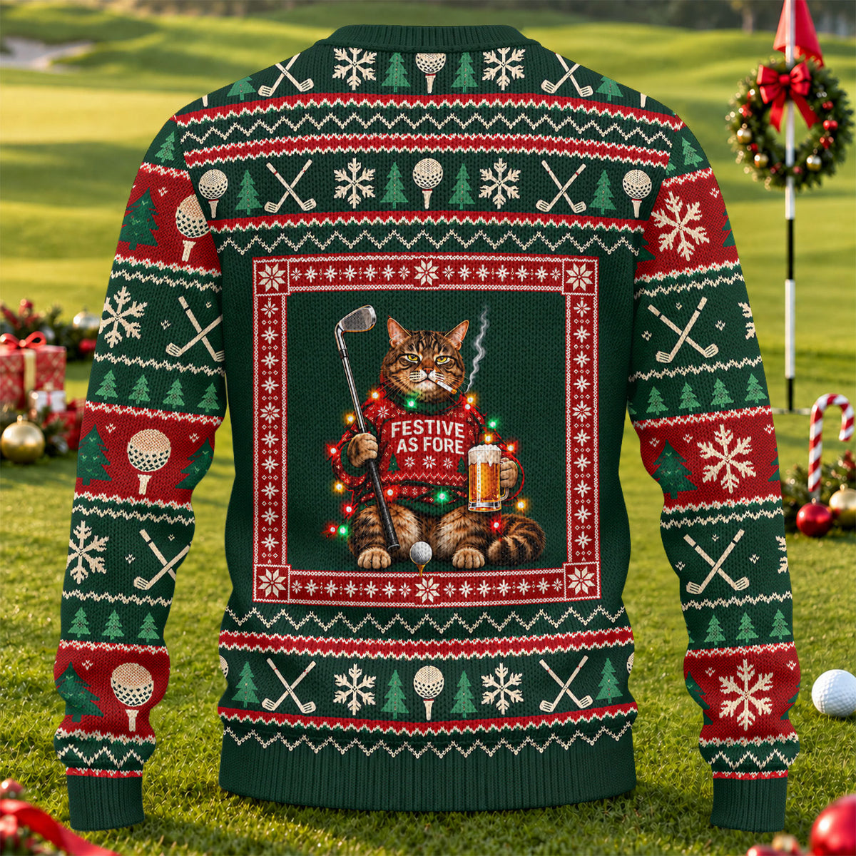 Festive As Fore Cat Beer Ugly Christmas Sweater, Funny Xmas Gift, Christmas Golf Gift