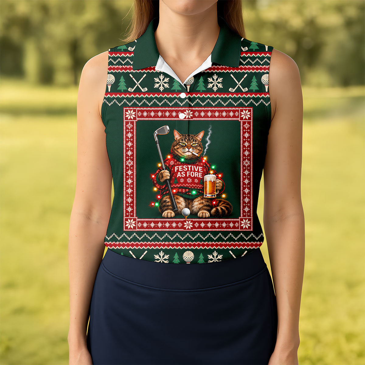 Festive As Fore Cat Beer Christmas Golf Shirt, Ladies Golf Shirts, Womens Golf Shirts