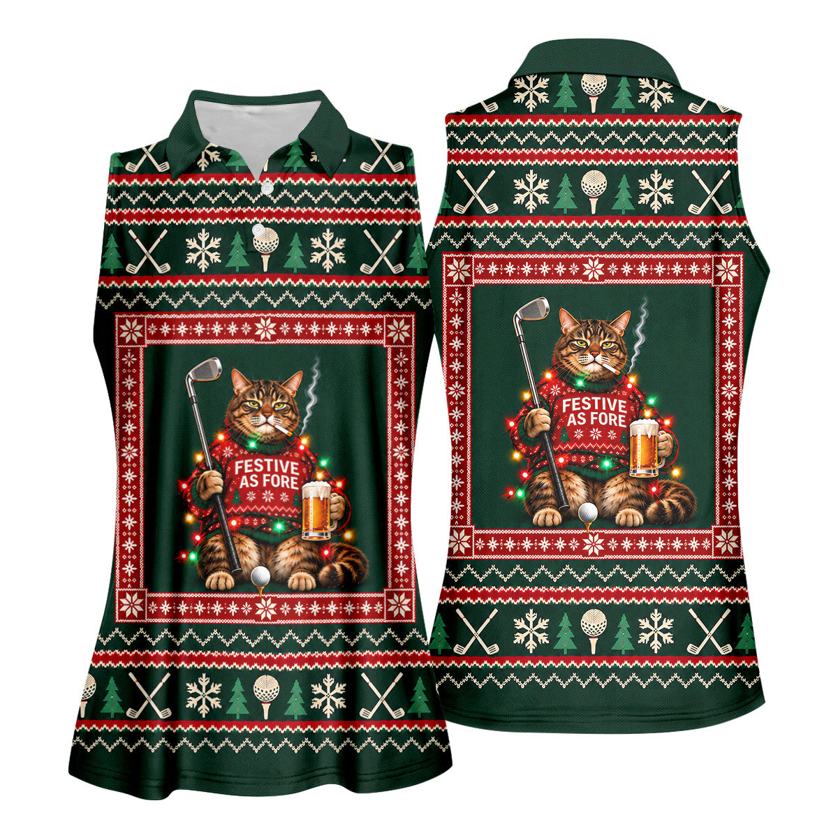 Festive As Fore Cat Beer Christmas Golf Shirt, Ladies Golf Shirts, Womens Golf Shirts